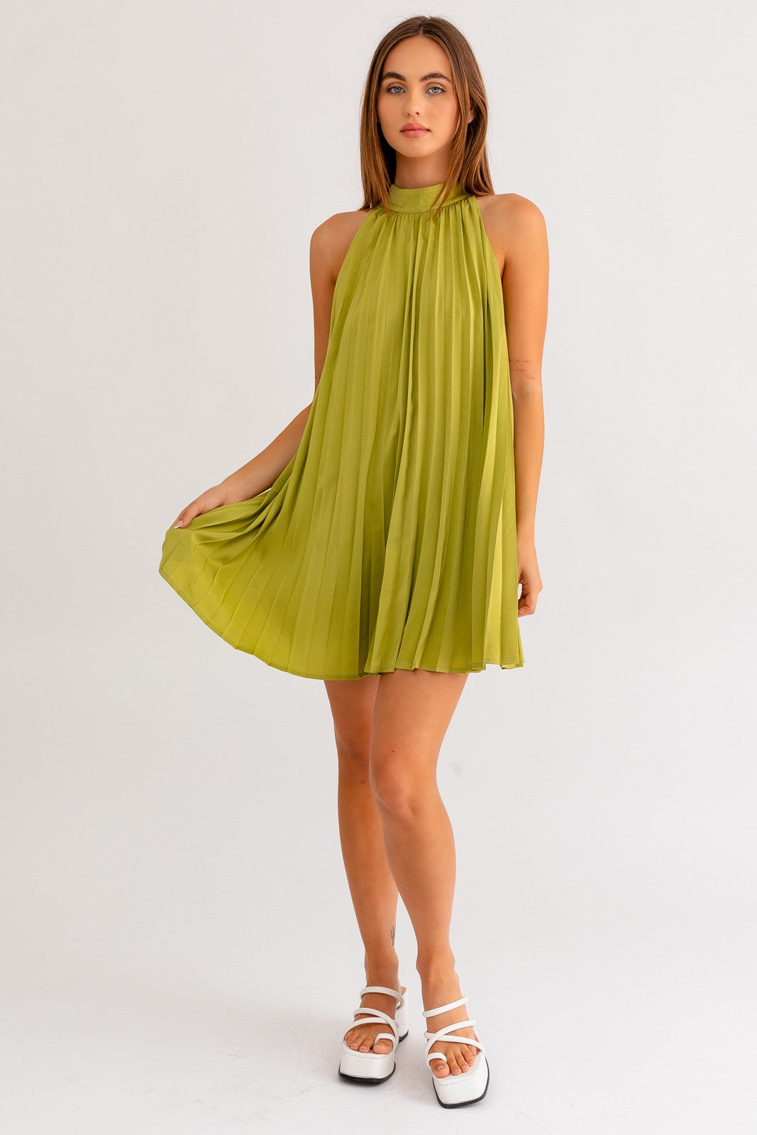 Olive Pleated Dress