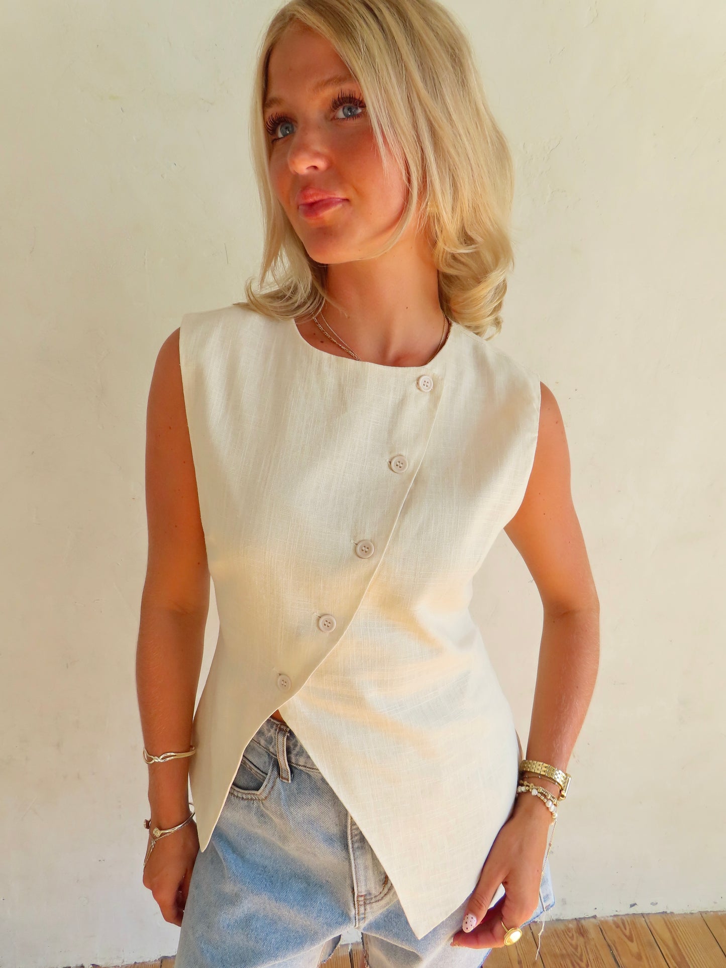Asymmetric Button Vest Top