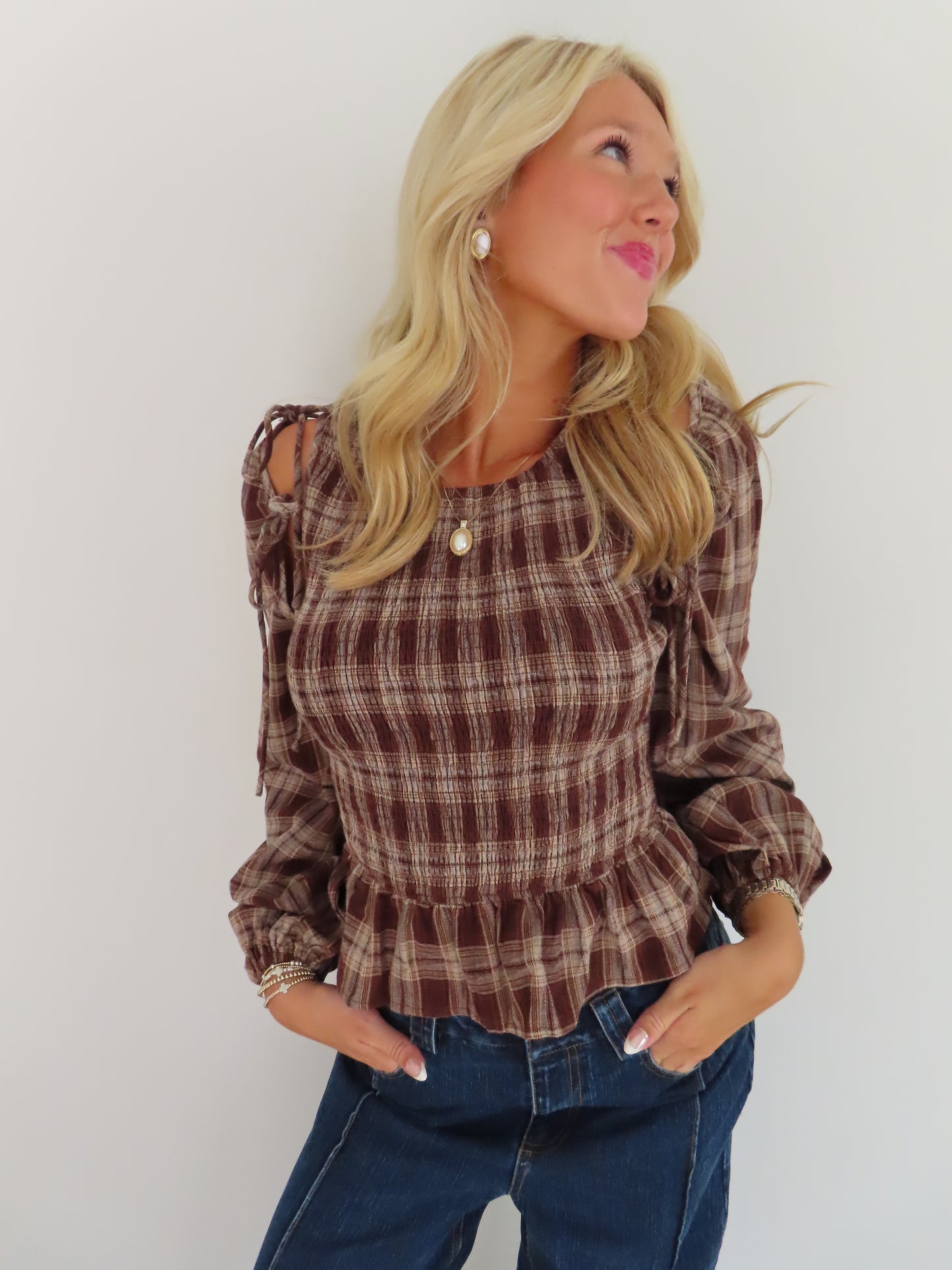 Plaid Balloon Sleeve Top