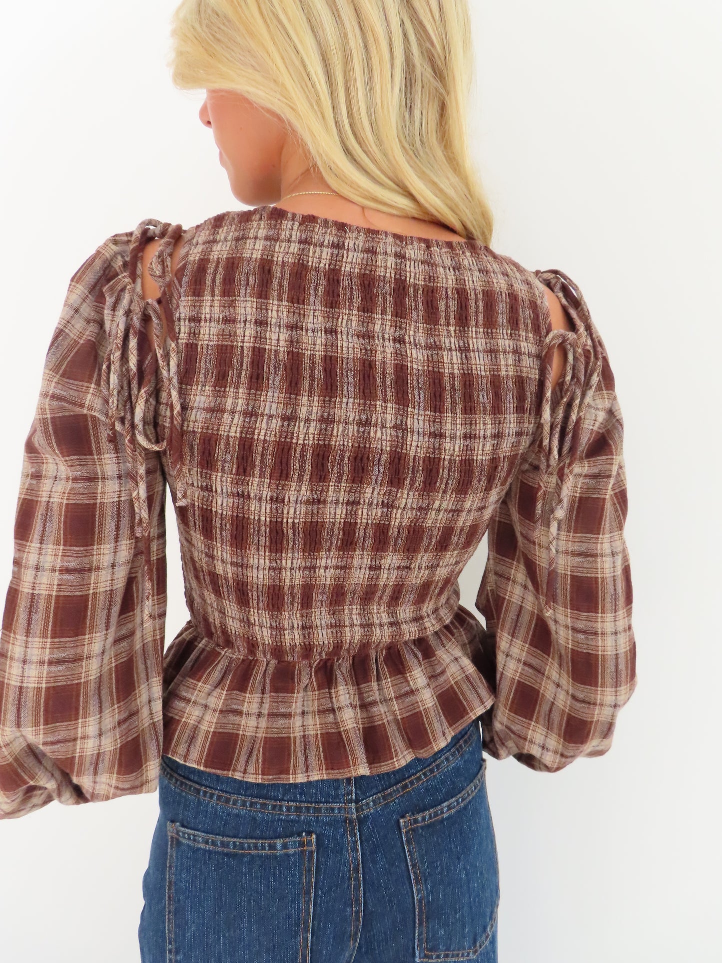 Plaid Balloon Sleeve Top
