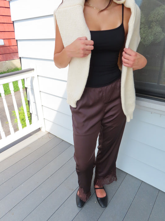 Satin Lace Hem Pants