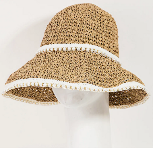 Pearl Trim Straw Bucket Hat