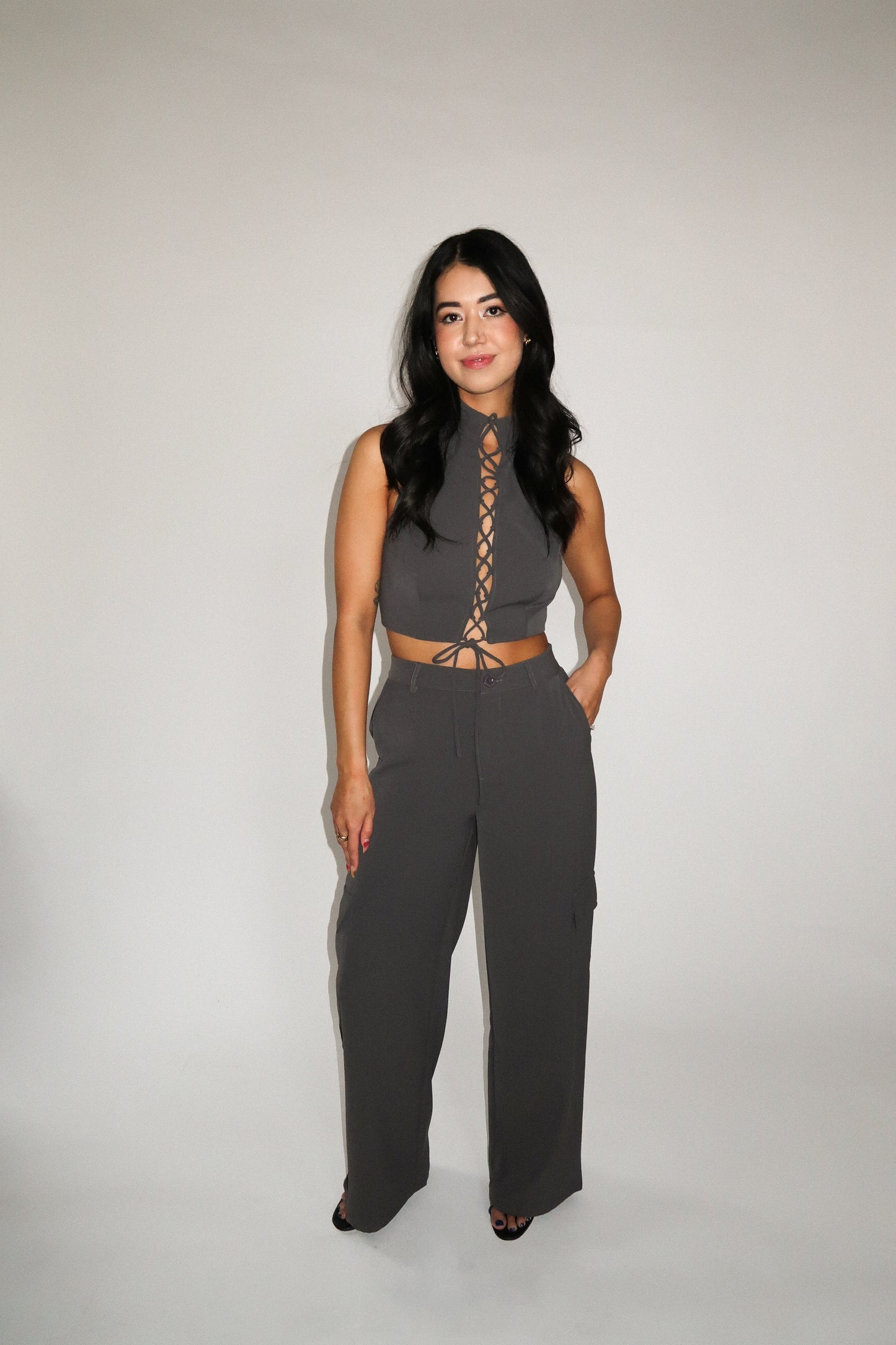 Charcoal Lace Up Top