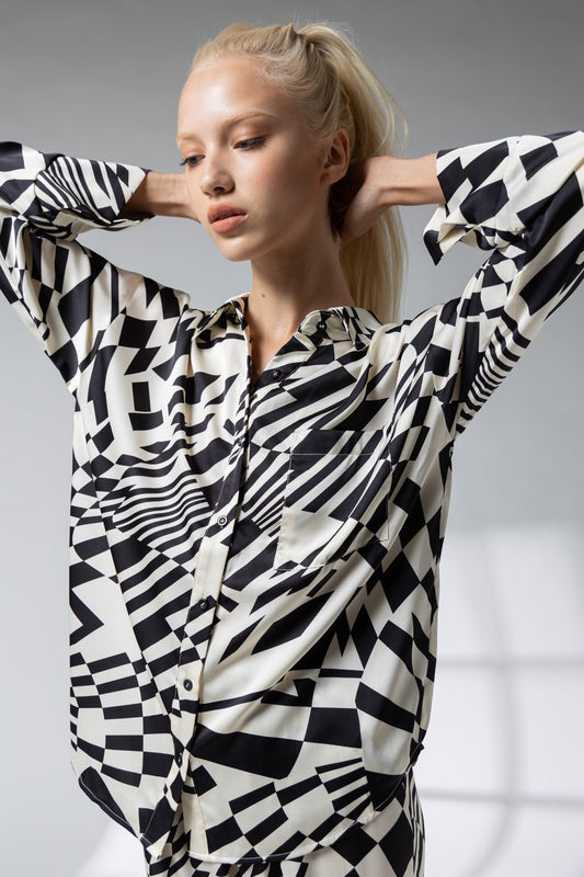 Flora Geometric Print Satin Shirt and Pants Set FINAL SALE